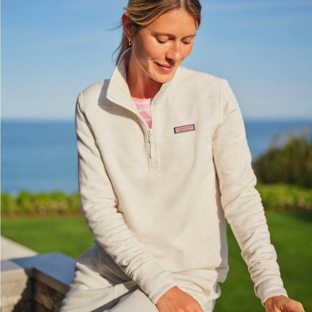 Vineyard Vines Women's Dreamscape Relaxed Shep Shirt Tan Quarter-Zip Heather Oat - Picture 1 of 8